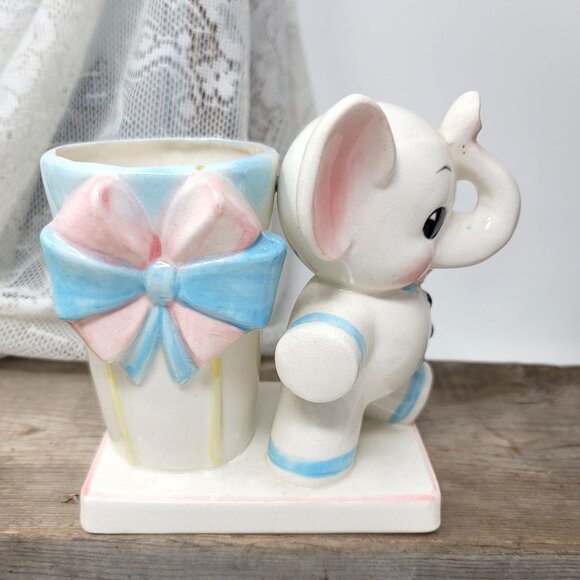 Vintage Baby Elephant Planter Vase Blue & Pink Trunk up - Picture 3 of 9